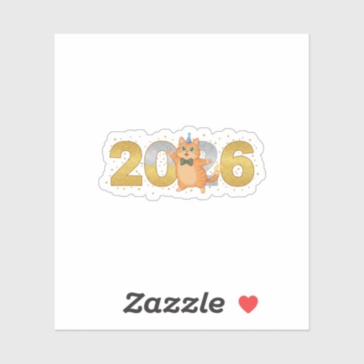 Sticker Chat pailleté 2026 Or et Argent Numéro de Nouvel A (Feuille)
