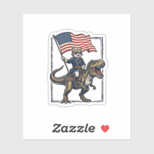 Sticker Chat Patriotique à Cheval sur un Dinosaure Design