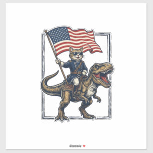 Sticker Chat Patriotique à Cheval sur un Dinosaure Design