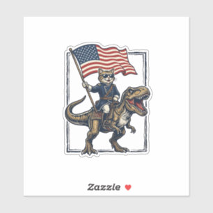 Sticker Chat Patriotique à Cheval sur un Dinosaure Design