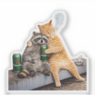 Sticker Chat Raton laveur Fumant Cigarette Boisson Mémé