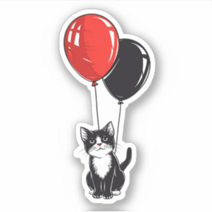 Sticker Chat Smoking avec des Ballons Rouges et Noirs