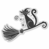 Sticker Chat sorcière noire sur un balai d'Halloween (Devant)