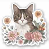 Sticker Chat Tabby Sucré avec Fleurs (Devant)