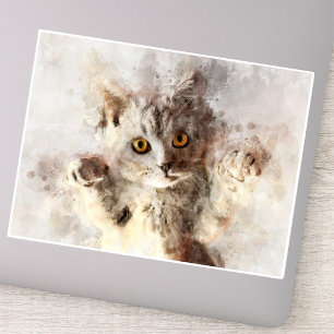 Sticker Chaton à l'aquarelle joueur avec des yeux ambre br