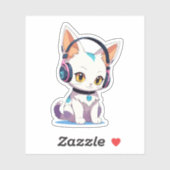 Sticker Chaton Kawaii avec casque à balancier (Feuille)