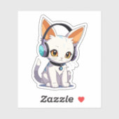 Sticker Chaton Kawaii avec casque à écouteurs stylé (Feuille)