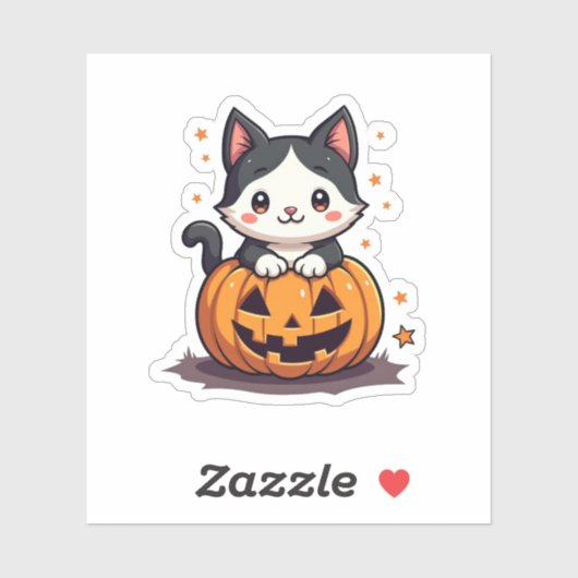Sticker Chaton Kawaii Noir & Blanc – Chibi Halloween (Feuille)