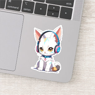 Sticker Chaton Mignon avec Casque de Musique Élégant