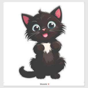 Sticker Chaton noir mignon dessin animé avec de grands yeu