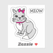 Sticker Chaton tacheté gris et blanc avec noeud rose (Feuille)
