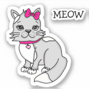 Sticker Chaton tacheté gris et blanc avec noeud rose