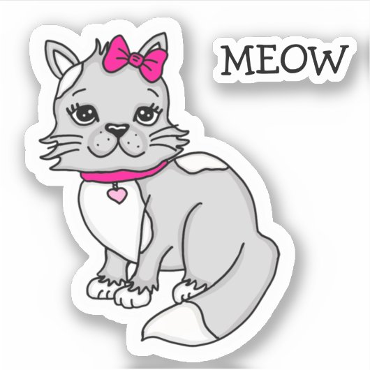 Sticker Chaton tacheté gris et blanc avec noeud rose (Devant)