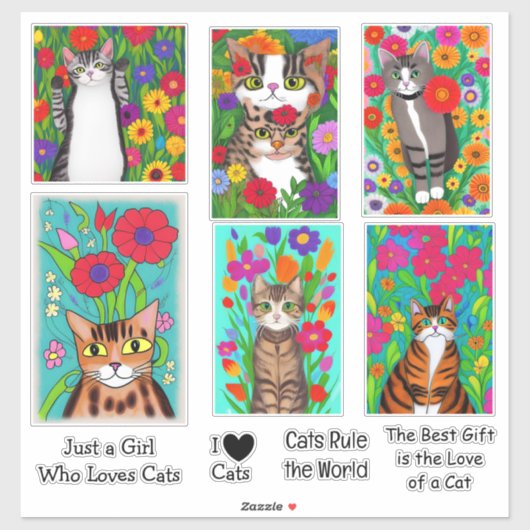 Sticker Chats d'art populaire et fleurs colorées (Feuille)