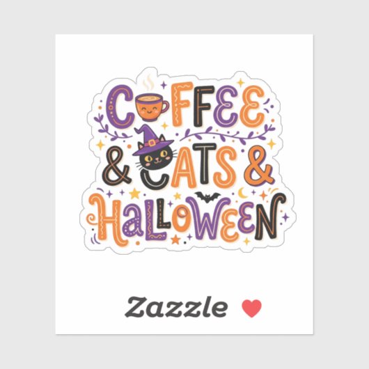 Sticker Chats de café mignons et typographie d'Halloween e (Feuille)