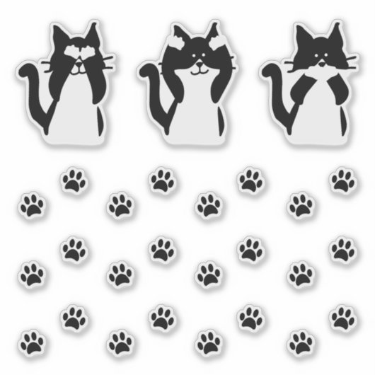Sticker Chats Mignons Trois Chatons Sages avec Empreintes (Devant)