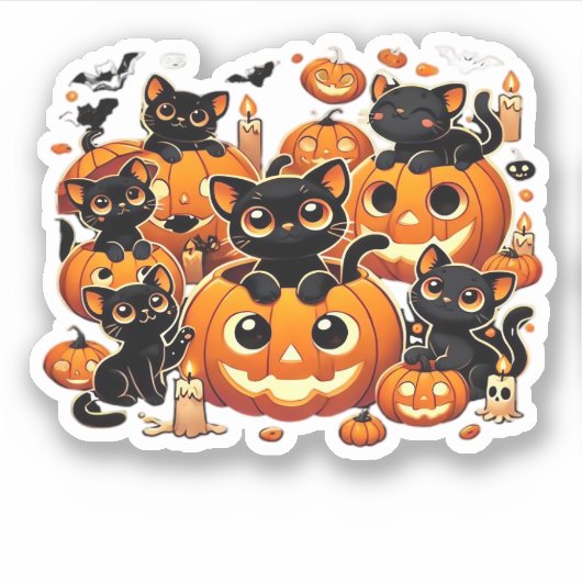 Sticker Chats noirs mignons en Citrouille Halloween Night (Devant)