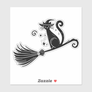 Sticker Chatte sorcière noire sur balai d'Halloween