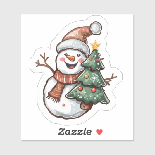 Sticker Cheerful Snowman Holding a Festive Christmas Tree (Feuille)