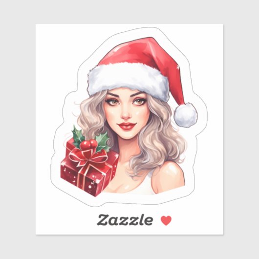 Sticker Cheerful Woman in Santa Hat With Gift (Feuille)