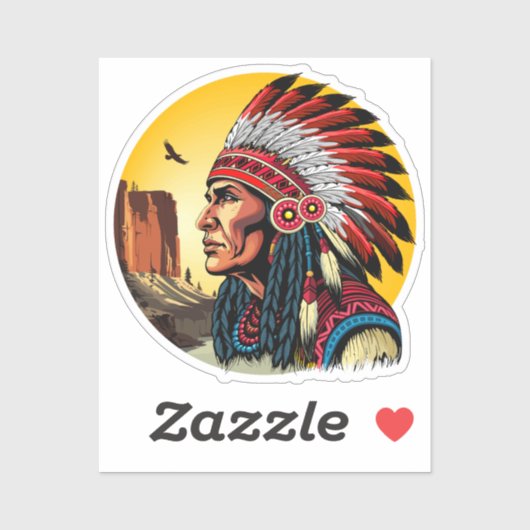 Sticker Chef amérindien sur paysage sauvage coucher de sol (Feuille)