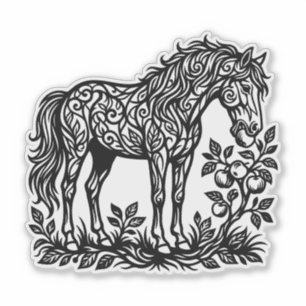 Sticker Cheval Ornemental Mangeant des Pommes Silhouette F