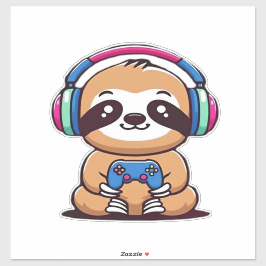 Sticker Chibi Kawaii Sloth Gamer � Cute Funny Animal with (Feuille)