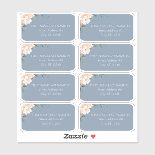 Sticker Chic Dusty Blue Peach Floral Mariage Adresse d'hôt (Feuille)