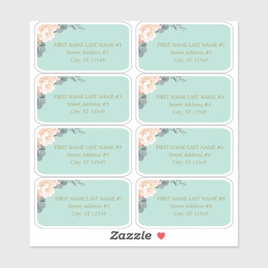 Sticker Chic Mint Green Peach Floral Mariage Adresse d'inv (Feuille)
