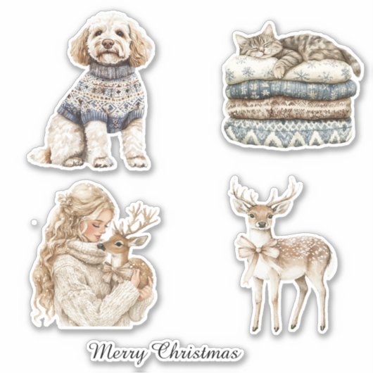 Sticker Chien Chat Cerf Fille Noël (Devant)