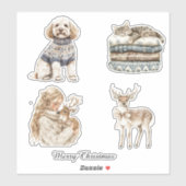 Sticker Chien Chat Cerf Fille Noël (Feuille)