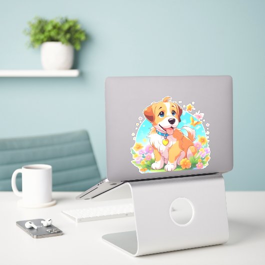 Sticker Chien chiot mignon (Ordinateur portable sur le bureau)