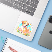 Sticker Chien chiot mignon (Ordinateur portable avec iPhone)