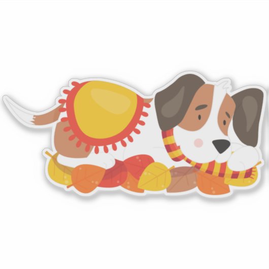 Sticker Chien d'automne, Chien mignon, Chien couché, Feuil (Devant)