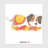 Sticker Chien d'automne, Chien mignon, Chien couché, Feuil (Feuille)