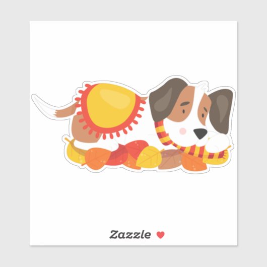 Sticker Chien d'automne, Chien mignon, Chien couché, Feuil (Feuille)