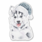 Sticker Chien de Noël Husky dans un chapeau de Père Noël (Devant)