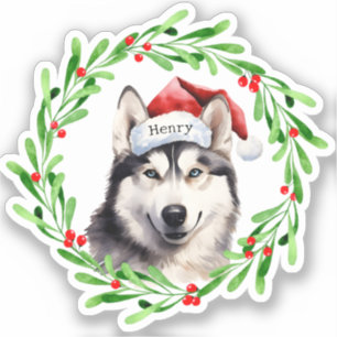 Sticker Chien de Noël Sibérien Husky Santa Hat