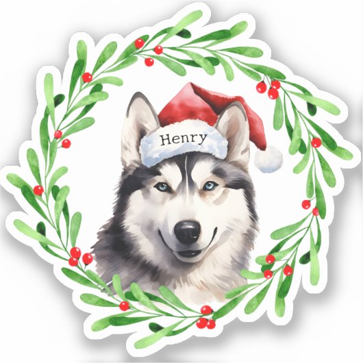 Sticker Chien de Noël Sibérien Husky Santa Hat (Recto)