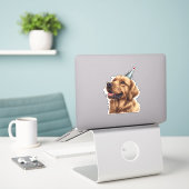 Sticker Chien d'or de l'épreuve d'anniversaire (Ordinateur portable sur le bureau)