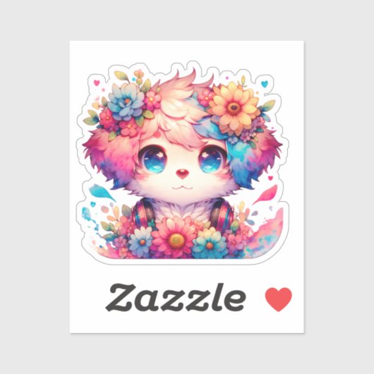 Sticker Chien et fleurs de chiot arc-en-ciel (Feuille)
