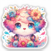 Sticker Chien et fleurs de chiot arc-en-ciel (Recto)