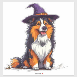 Sticker Chien Heureux Portant un Chapeau de Sorcière