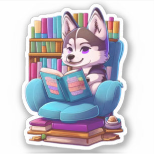 Sticker Chien Husky lisant un livre
