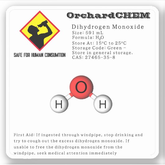 Sticker Chimie amusante Dihydrogène Monoxyde (H2O) (Devant)