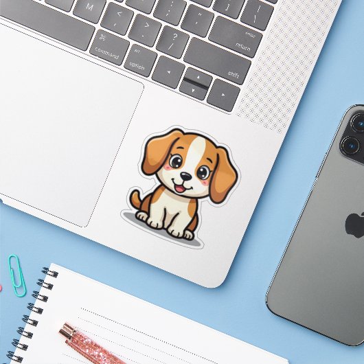 Sticker Chiot Beagle Kawaii – Pose endormie (Ordinateur portable avec iPhone)