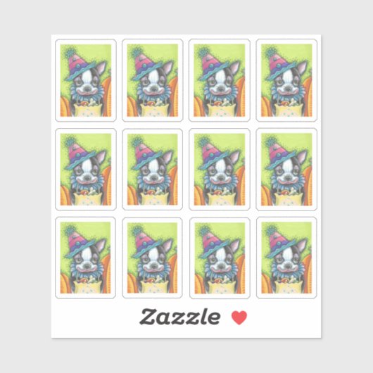 STICKER CHIOT BOSTON TERRIER MIGNON EN COSTUME DE CLOWN PO (Feuille)
