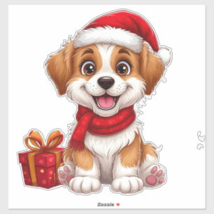 Sticker Chiot de Noël adorable avec chapeau de Père Noël