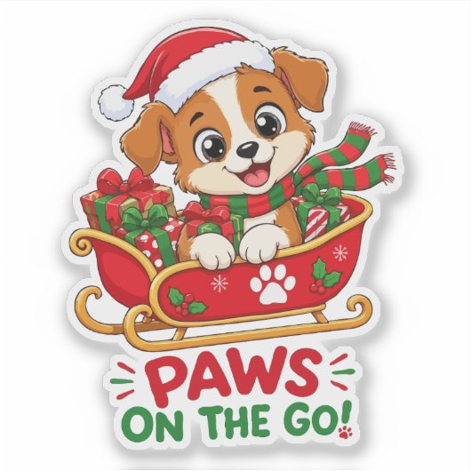 Sticker Chiot de Noël mignon dans un traîneau (Devant)