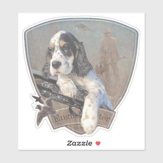 Sticker Chiot de Setter anglais avec fusil de chasse class (Feuille)